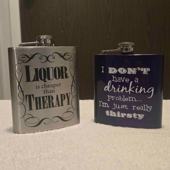 2 Novelty Gag Gift Flasks - "Liquor is Cheaper" & "Drinking Problem" - Picture 1 of 4